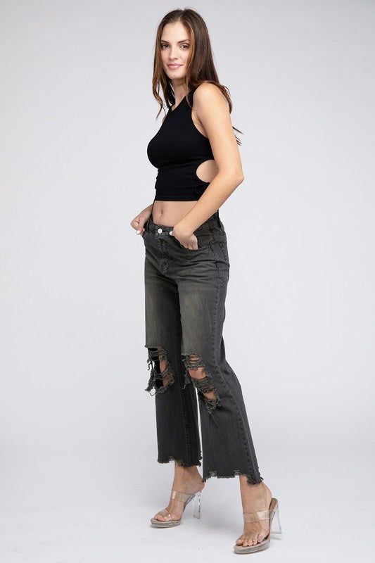 BiBi Distressed Vintage Washed Wide Leg Pants us.meeeshop - 