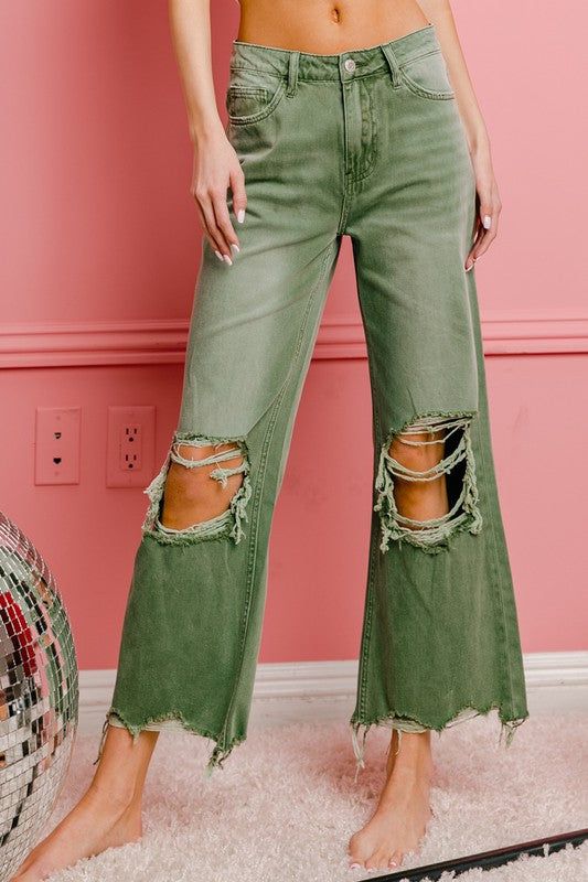 BiBi Distressed Vintage Washed Wide Leg Pants us.meeeshop - Pants