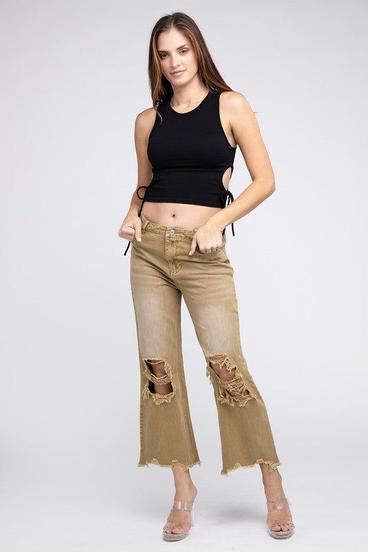 BiBi Distressed Vintage Washed Wide Leg Pants us.meeeshop - 