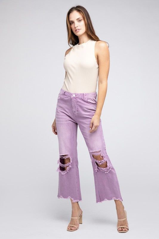 BiBi Distressed Vintage Washed Wide Leg Pants us.meeeshop - 