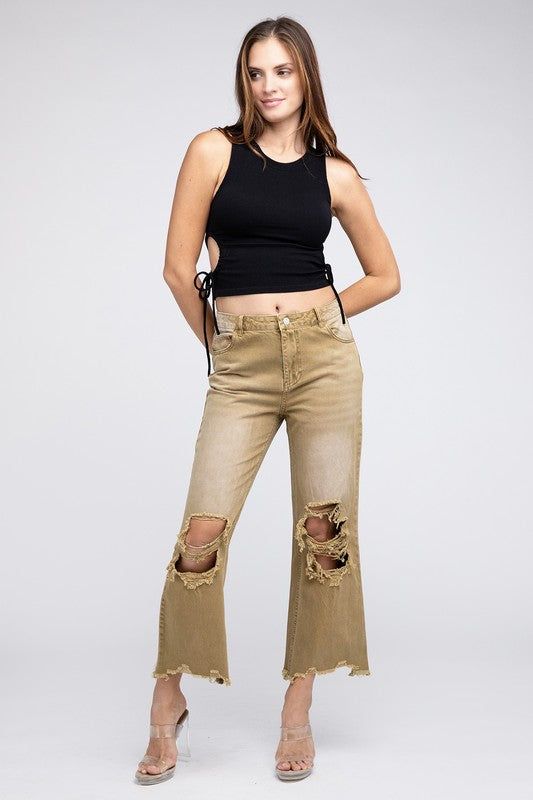 BiBi Distressed Vintage Washed Wide Leg Pants us.meeeshop - 