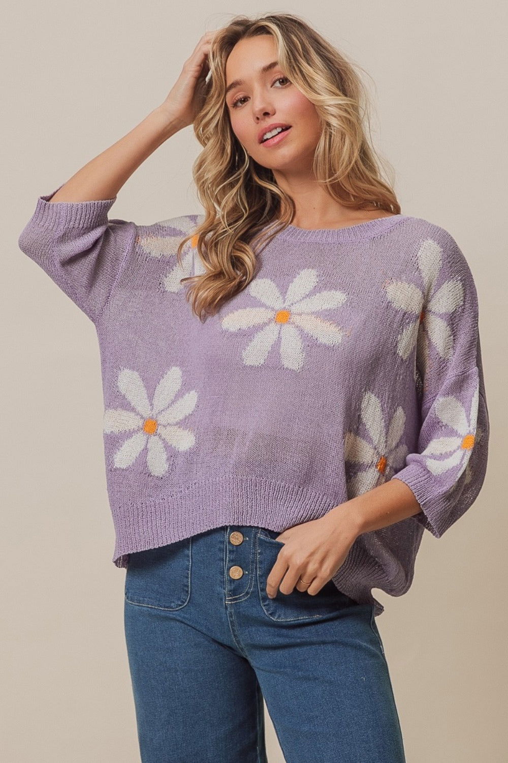 BiBi Floral Pattern Slit Sweater us.meeeshop - Shirts & Tops