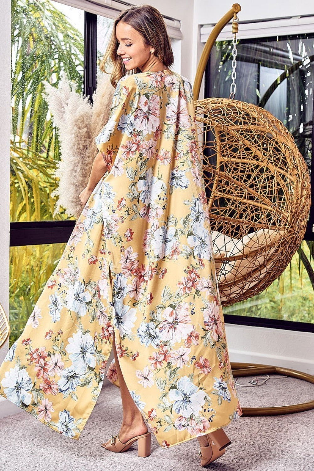 BiBi Floral Side Slit Longline Cardigan us.meeeshop - 