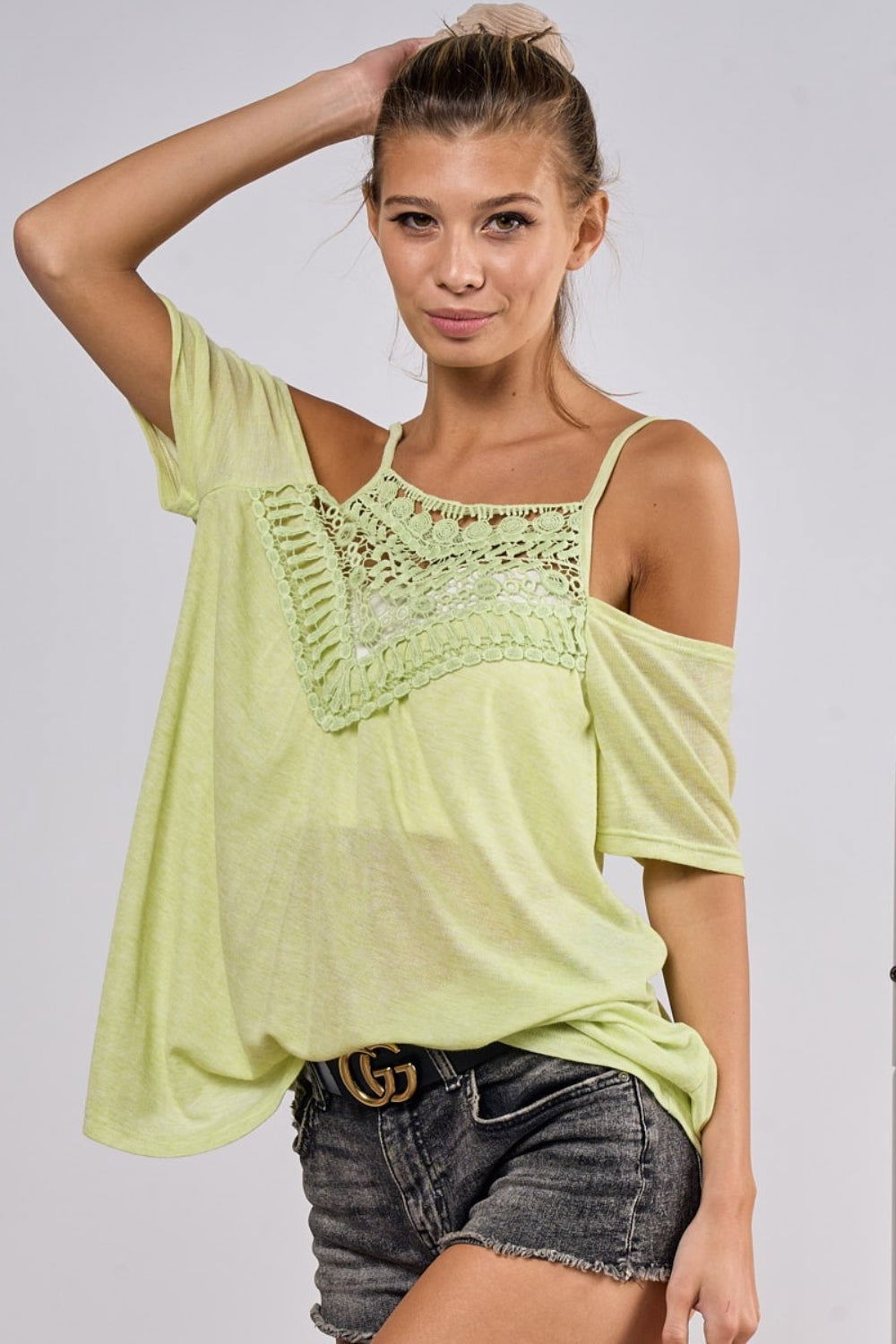 BiBi Front Crochet Lace Adjustable Strap Top us.meeeshop - 