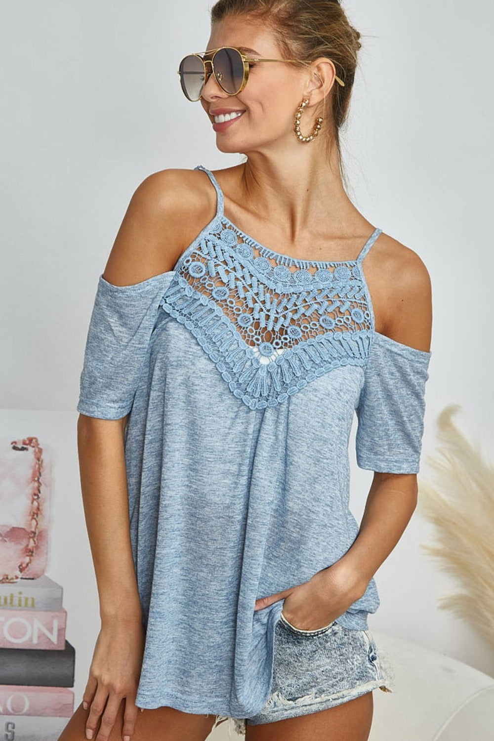 BiBi Front Crochet Lace Adjustable Strap Top us.meeeshop - 