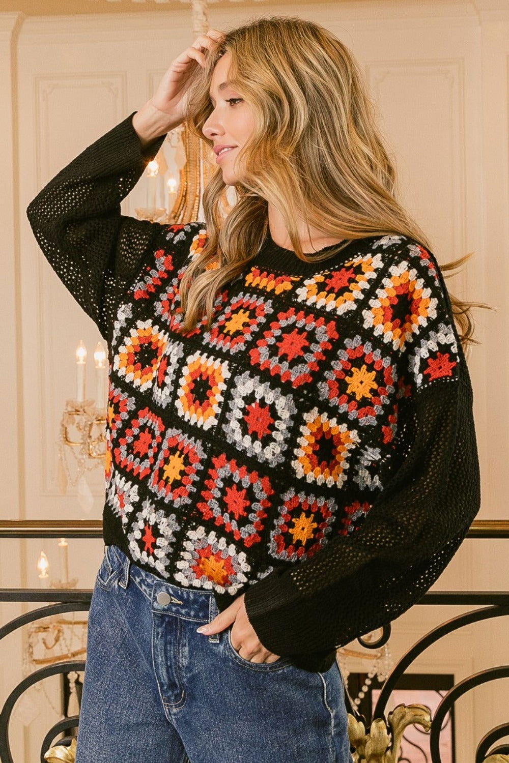 BiBi Granny Square Front Long Sleeve Top us.meeeshop - 