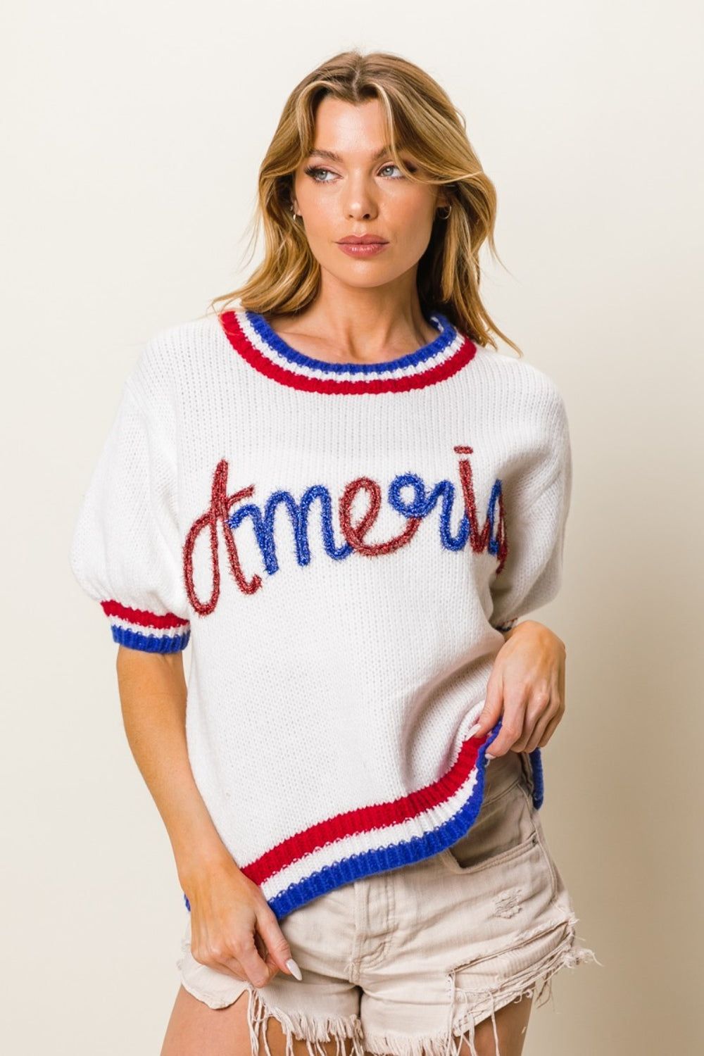 BiBi Metallic America Letter Short Sleeve Sweater us.meeeshop - 