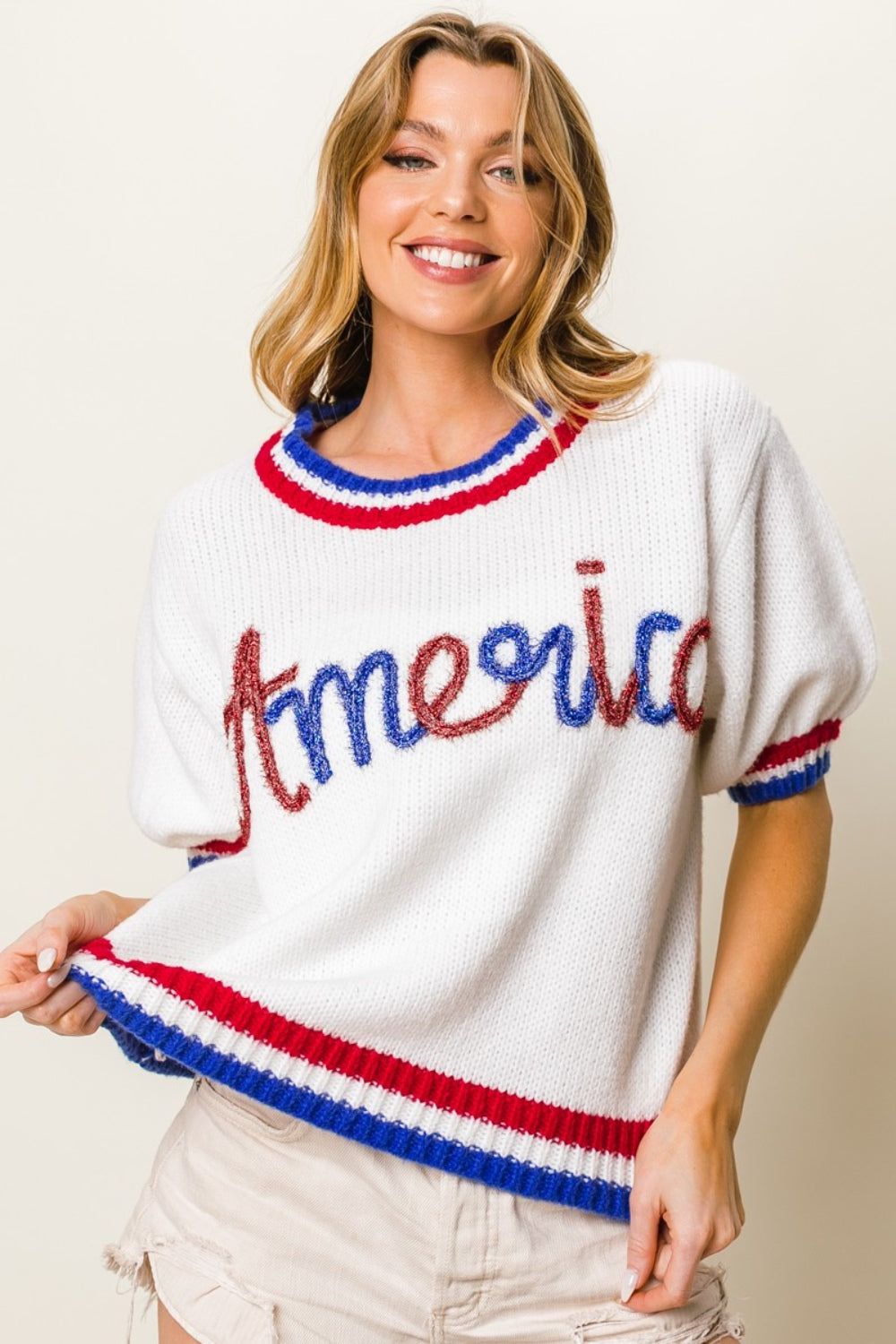 BiBi Metallic America Letter Short Sleeve Sweater us.meeeshop - 