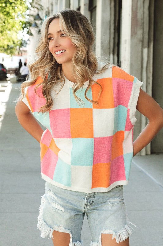 BiBi Multi-Color Checker Sweater Vest us.meeeshop - 