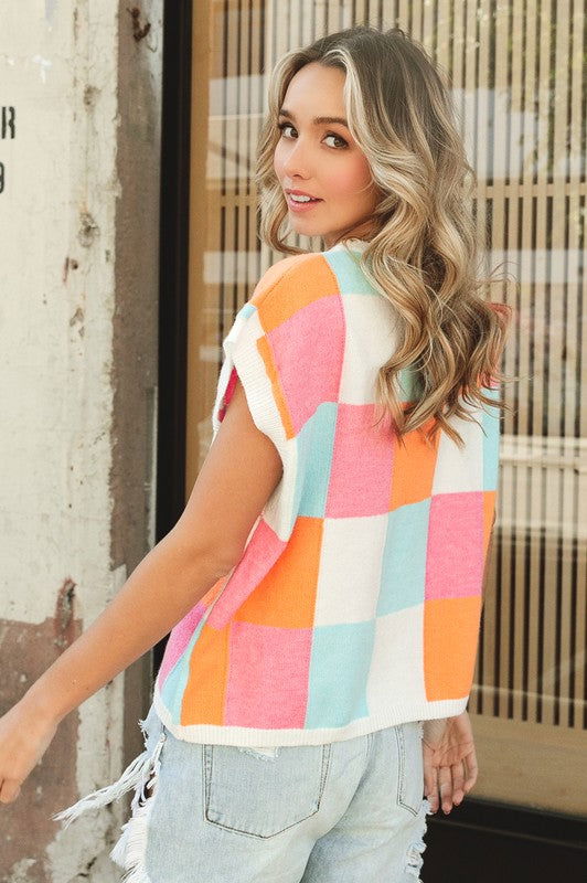 BiBi Multi-Color Checker Sweater Vest us.meeeshop - 