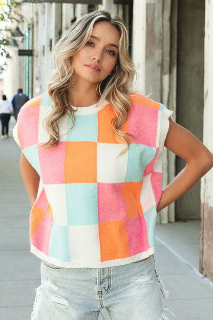 BiBi Multi-Color Checker Sweater Vest us.meeeshop - 