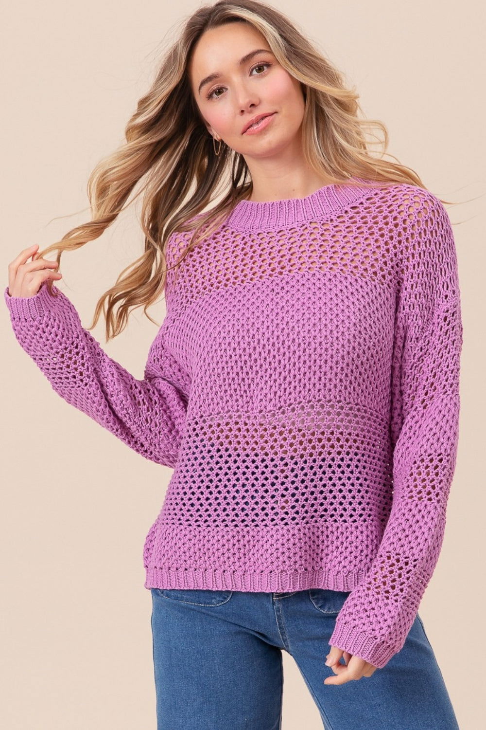 BiBi Openwork Long Sleeve Knit Top us.meeeshop - 