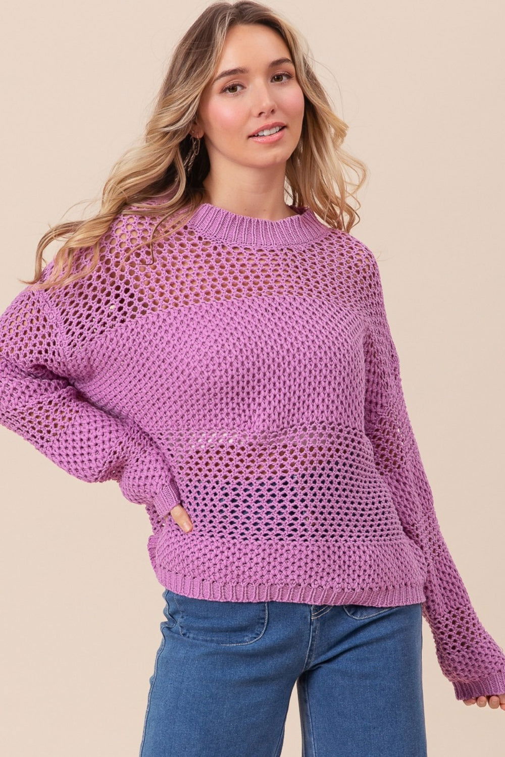 BiBi Openwork Long Sleeve Knit Top us.meeeshop - 