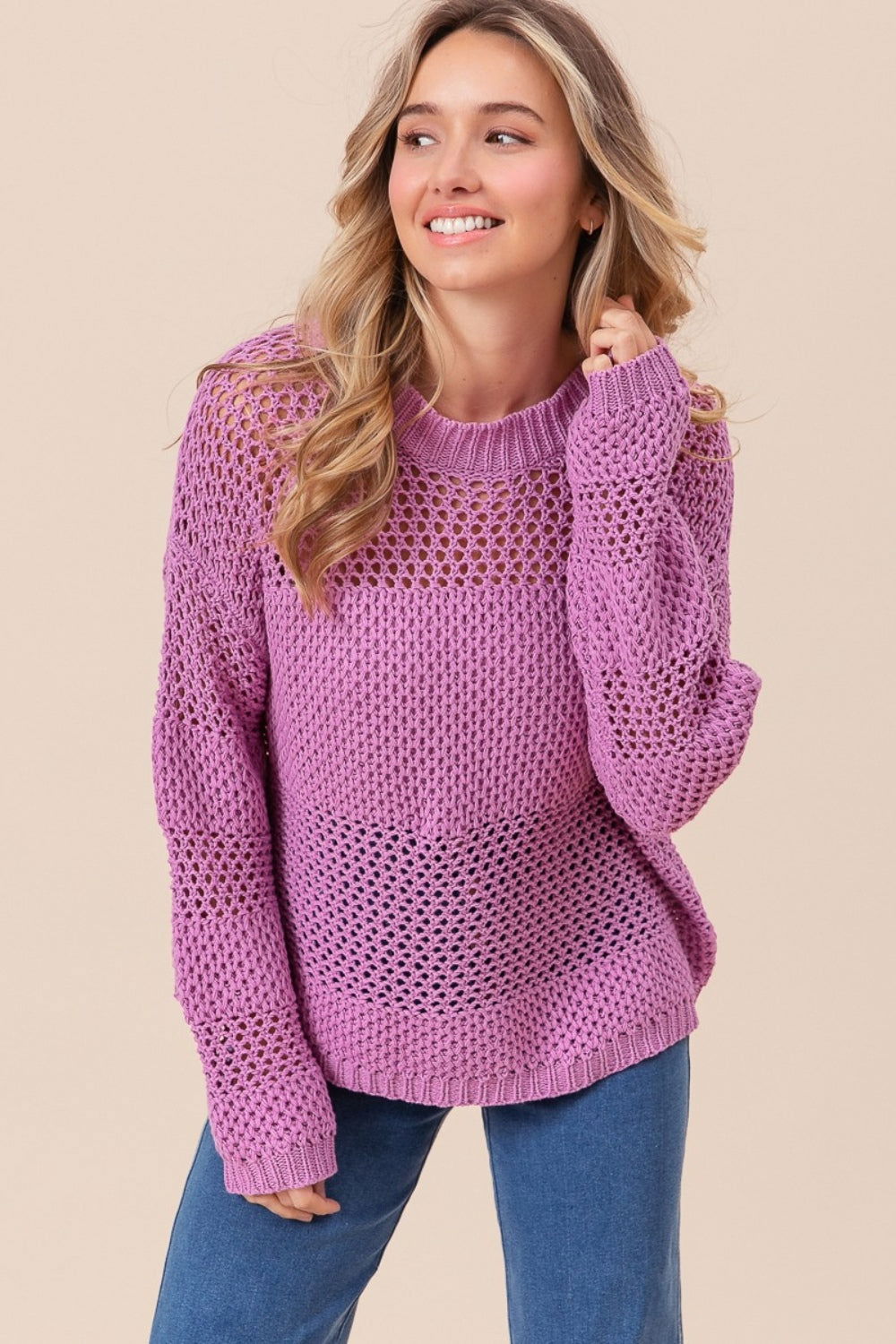 BiBi Openwork Long Sleeve Knit Top us.meeeshop - Shirts & Tops