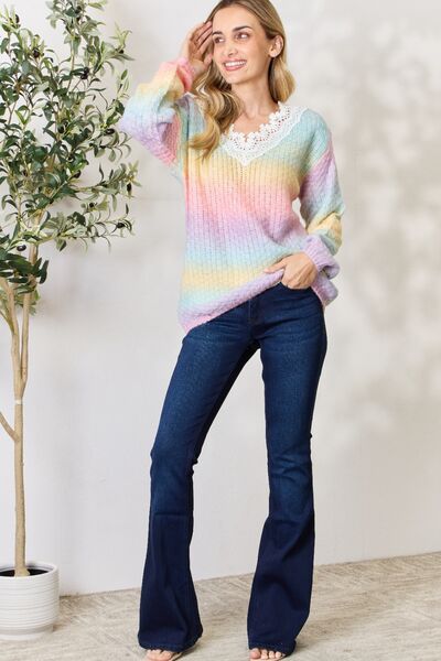 BiBi Rainbow Gradient Crochet Deetail Sweater | us.meeeshop