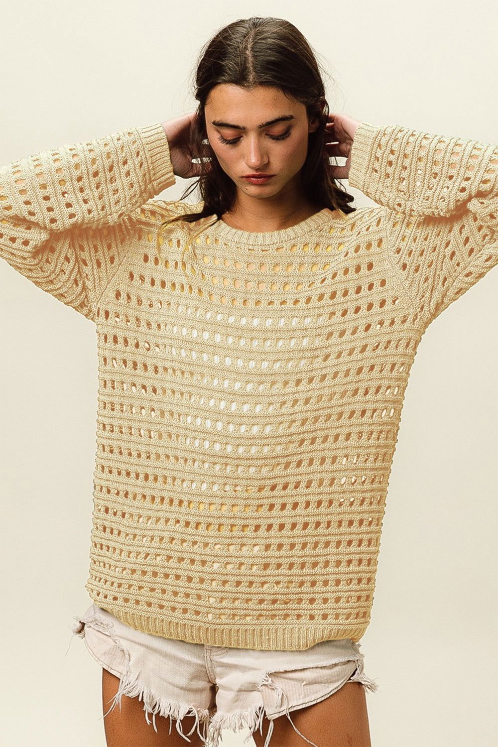 BiBi Round Neck Openwork Knit Cover Up us.meeeshop - Shirts & Tops