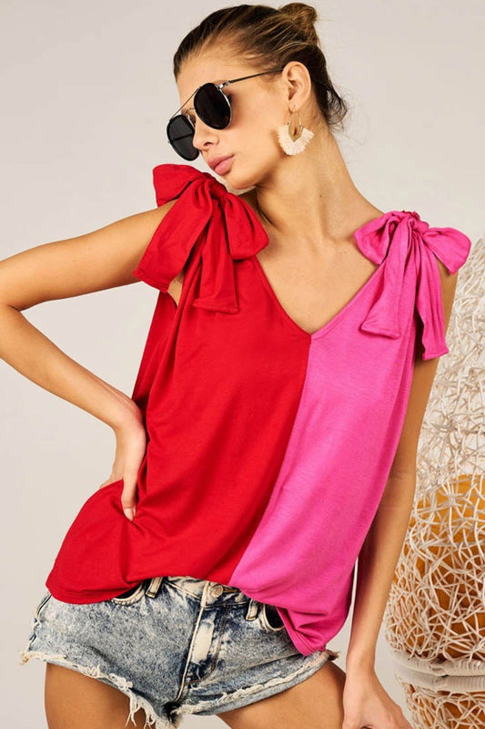 BiBi Shoulder Ribbon Tied Contrast Tank us.meeeshop - Shirts & Tops