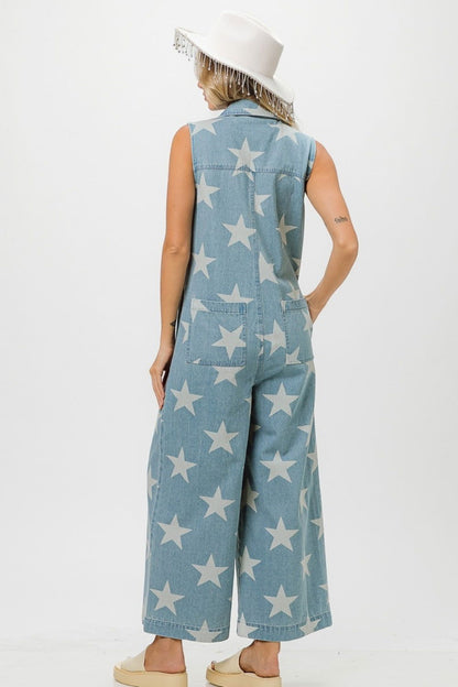 BiBi Star Print Half Zip Sleeveless Denim Jumpsuit us.meeeshop - 