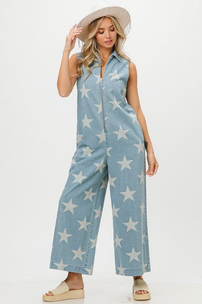 BiBi Star Print Half Zip Sleeveless Denim Jumpsuit us.meeeshop - 