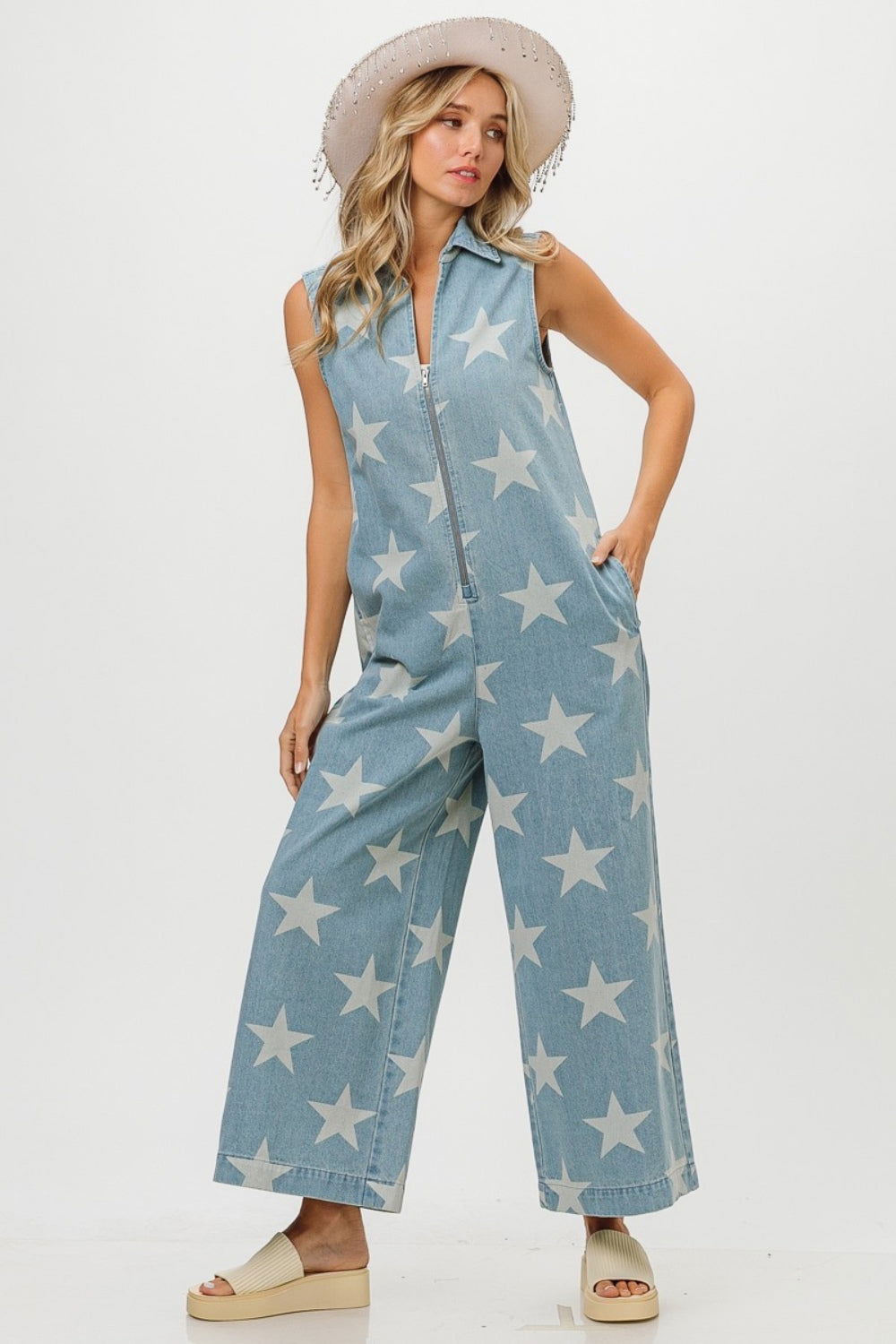 BiBi Star Print Half Zip Sleeveless Denim Jumpsuit us.meeeshop - 