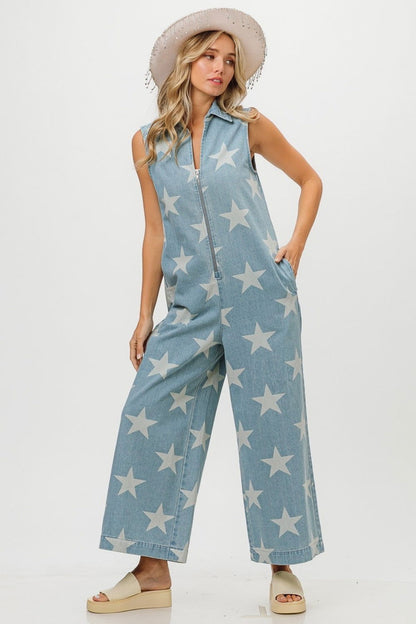 BiBi Star Print Half Zip Sleeveless Denim Jumpsuit us.meeeshop - 