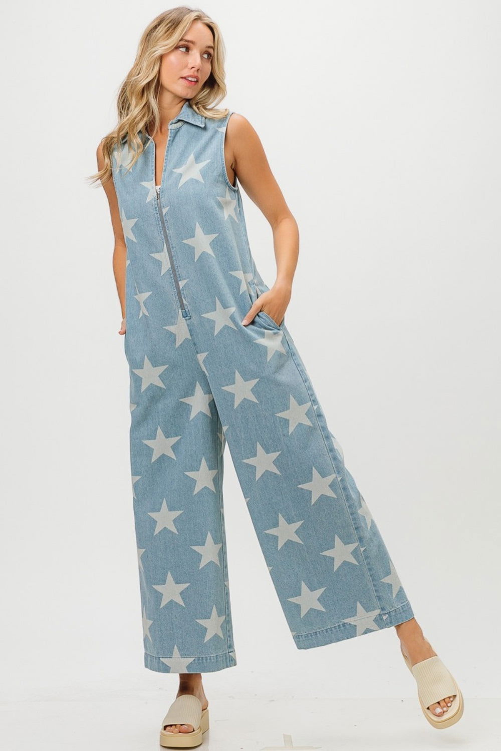 BiBi Star Print Half Zip Sleeveless Denim Jumpsuit us.meeeshop - 