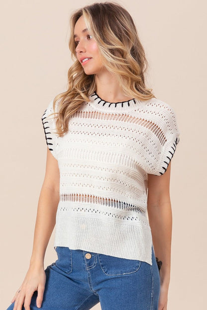 BiBi Stitch Edge Pointelle Side Slit Sweater Vest us.meeeshop - 