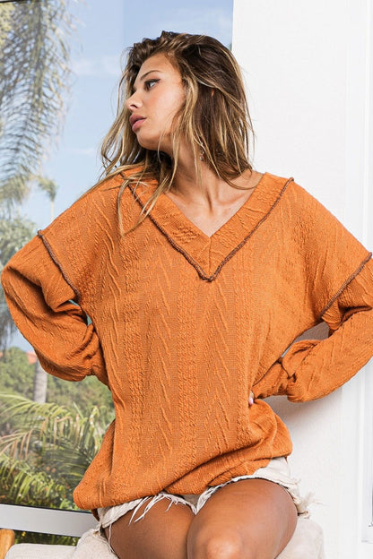 BiBi Textured Exposed Seam Drop Shoulder Knit Top us.meeeshop - 