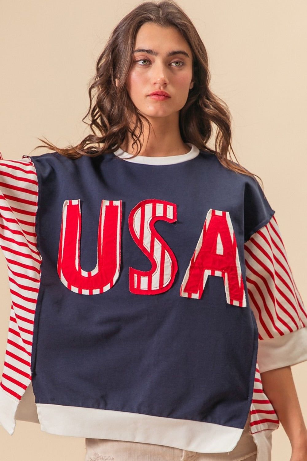 BiBi USA Letter Patchwork Contrast Short Sleeve T-Shirt us.meeeshop - 