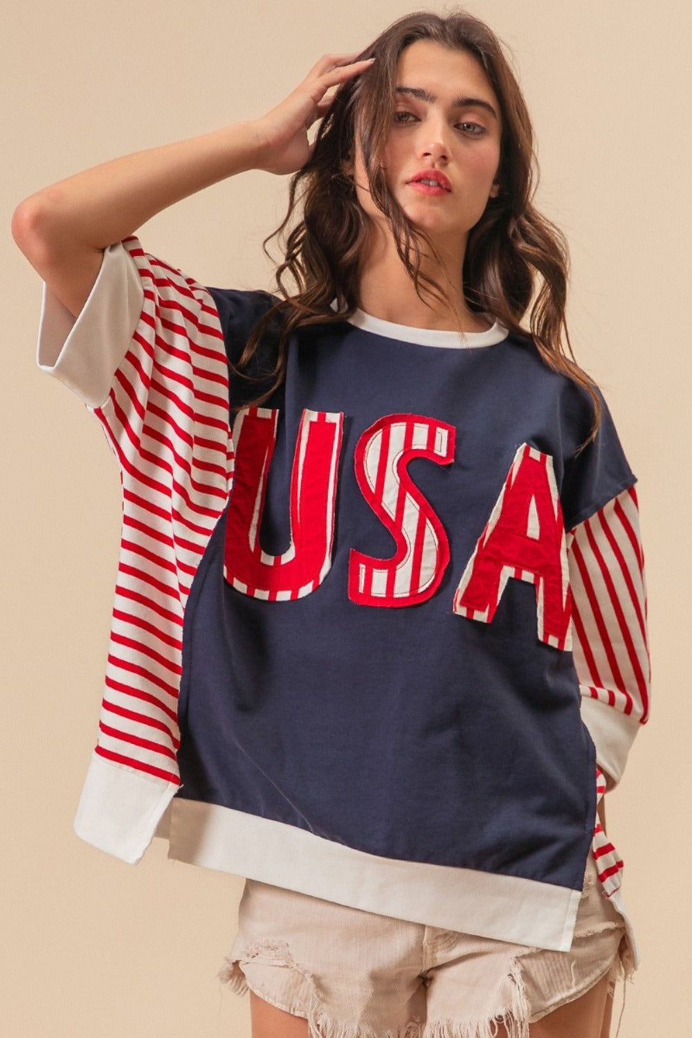 BiBi USA Letter Patchwork Contrast Short Sleeve T-Shirt us.meeeshop - Shirts & Tops