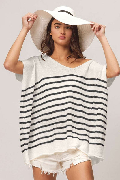 BiBi V Neck Striped Short Sleeve Top us.meeeshop - Shirts & Tops