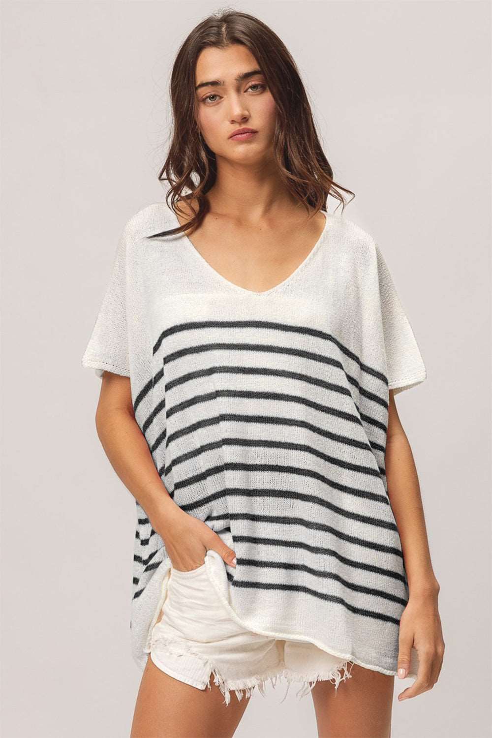 BiBi V Neck Striped Short Sleeve Top us.meeeshop - 