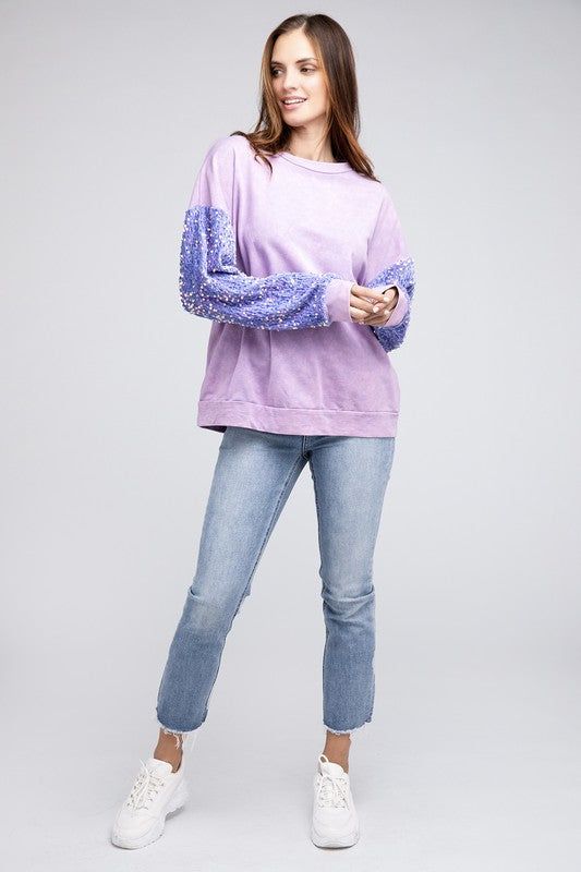 BiBi Velvet Sequin Sleeve Mineral Washed Top us.meeeshop - 