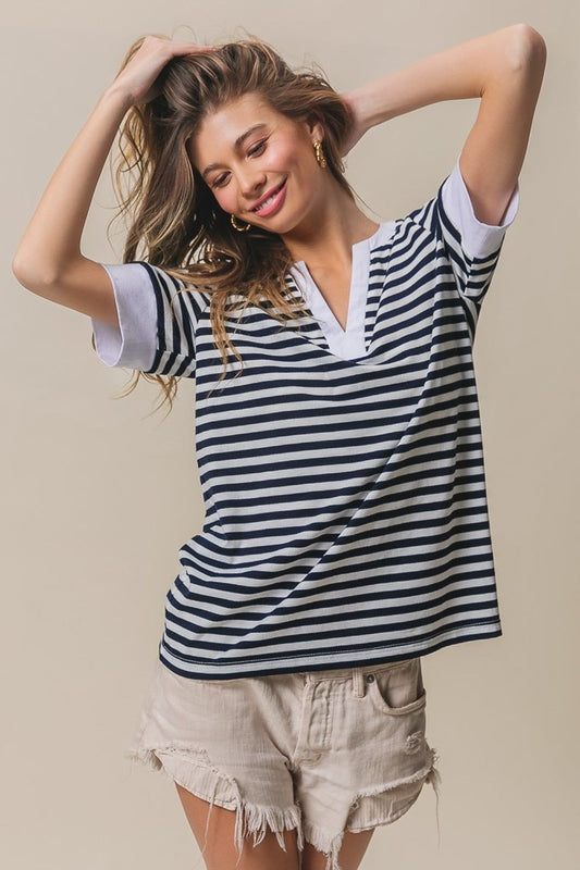 BiBi Contrast Striped Notched Knit Top - us.meeeshop