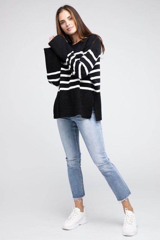 BiBi Ribbed Hem Stripe Sweater - us.meeeshop