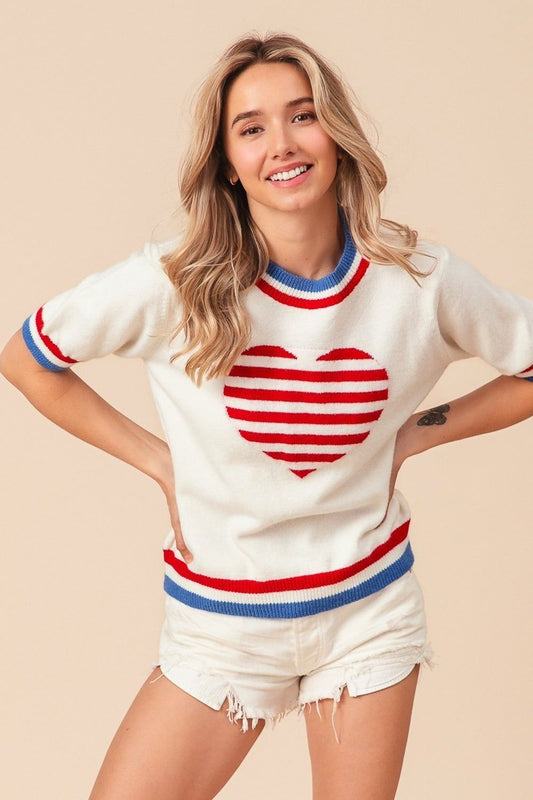 BiBi US Flag Theme Striped Heart Sweater - us.meeeshop