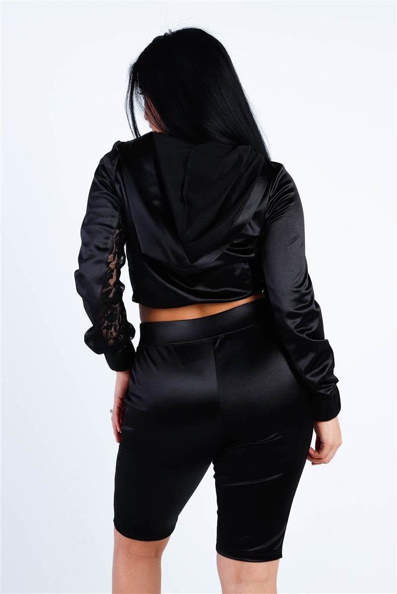 Black Satin Lace Details Long Sleeve Hooded Crop Top & Biker Short Set | us.meeeshop