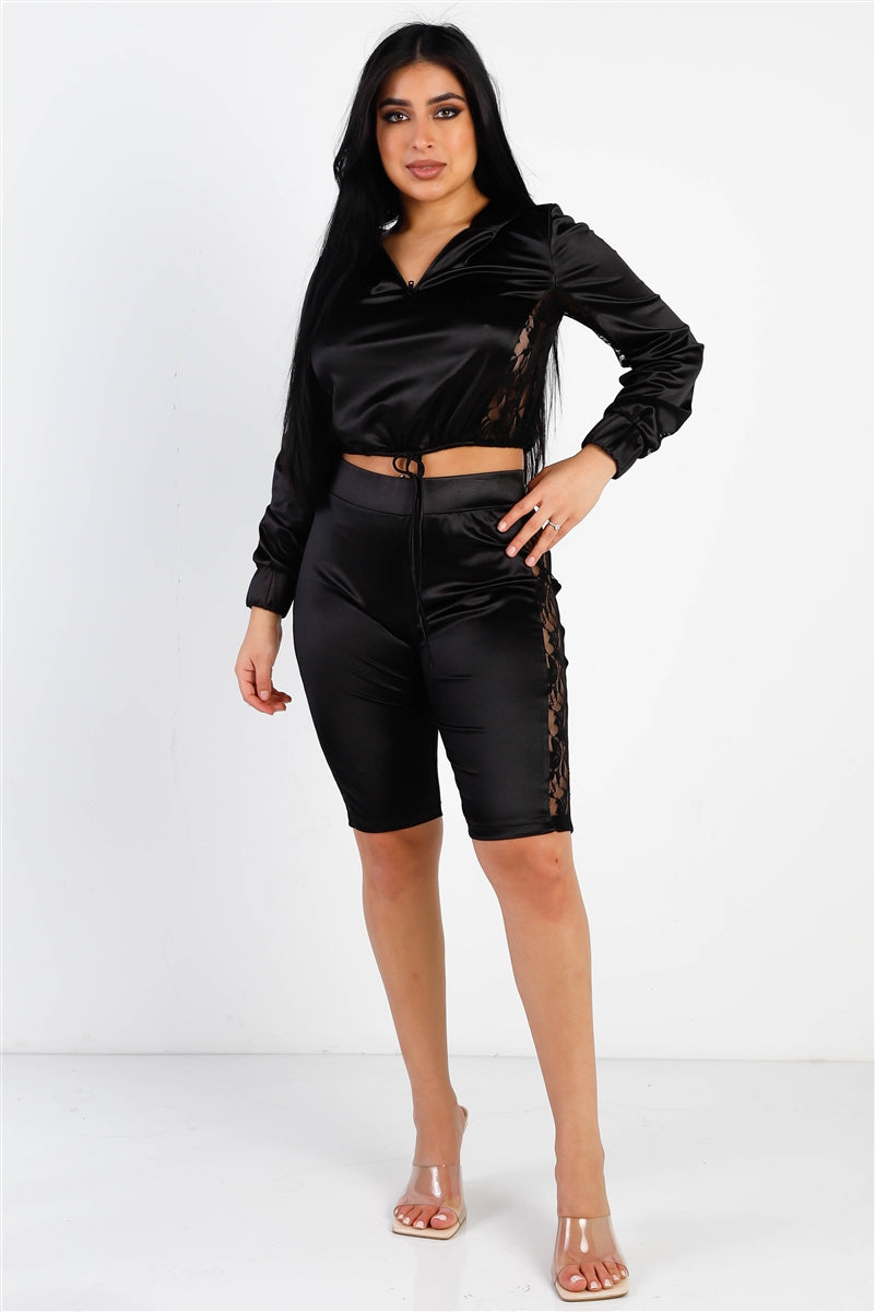 Black Satin Lace Details Long Sleeve Hooded Crop Top & Biker Short Set | us.meeeshop