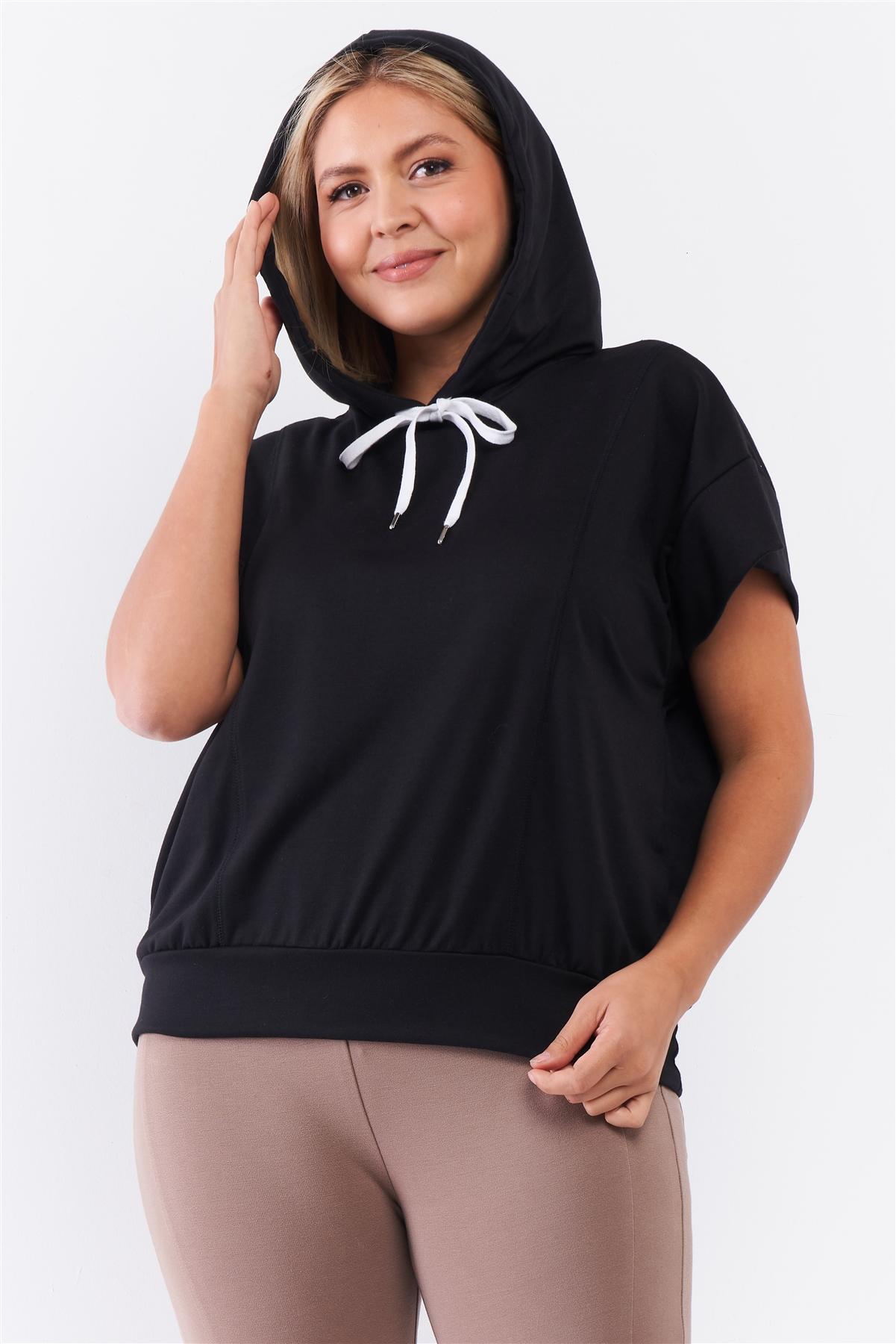 Black Short Wing Sleeve Relaxed Fit White Draw String Tie Hood Detail Top | us.meeeshop
