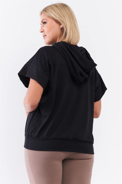 Black Short Wing Sleeve Relaxed Fit White Draw String Tie Hood Detail Top | us.meeeshop