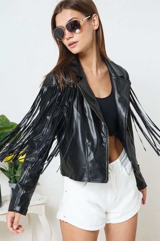 Blue B Faux Leather Moto Fringe Jacket us.meeeshop - 