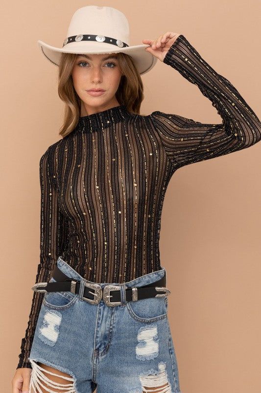 Blue B Metallic Star Stripe Mesh Mock Neck  Top us.meeeshop - 