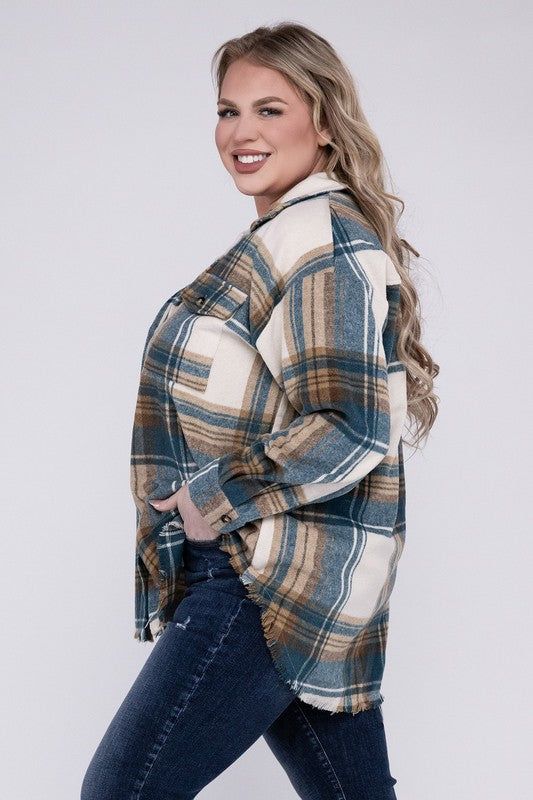 Blue B Plus Size Yarn Dyed Plaid Shirt Jacket us.meeeshop - 