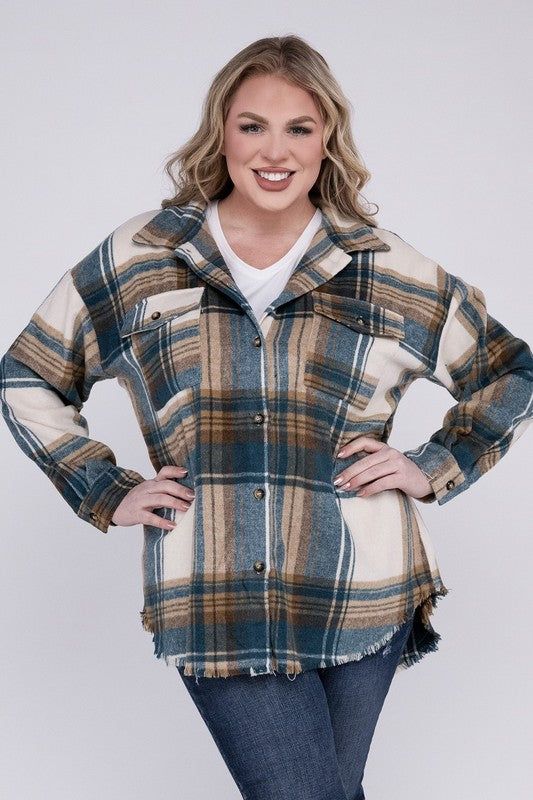 Blue B Plus Size Yarn Dyed Plaid Shirt Jacket us.meeeshop - 