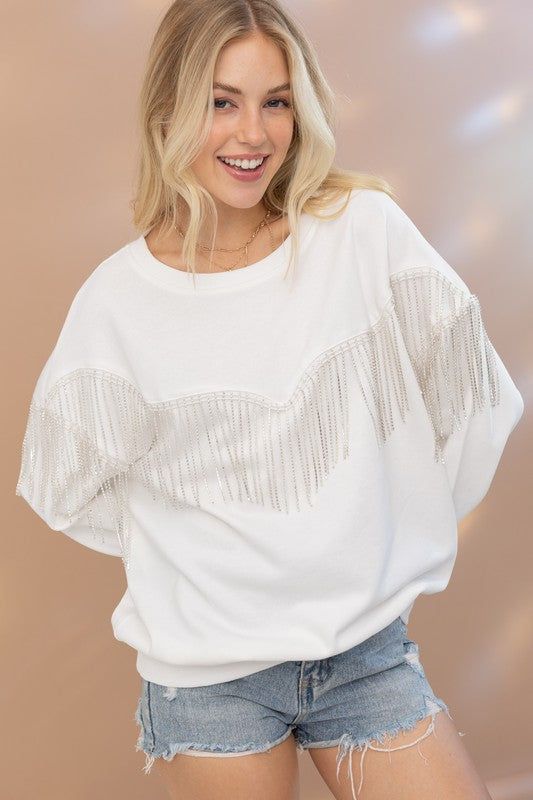 Blue B Rhinestone Fringe Pullover Top us.meeeshop - 