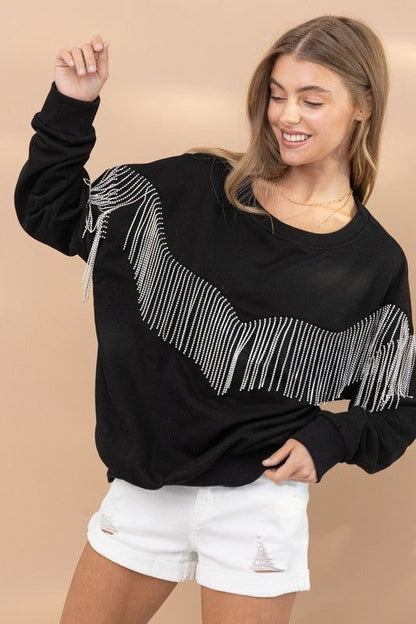 Blue B Rhinestone Fringe Pullover Top us.meeeshop - 