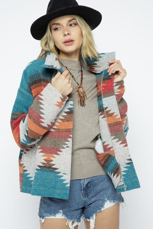 Blue B Soft Comfy Light Weight Aztec Pattern Jacket us.meeeshop - Coats & Jackets