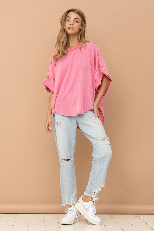 Blue B Studded Oversized High Low T Shirt us.meeeshop - 