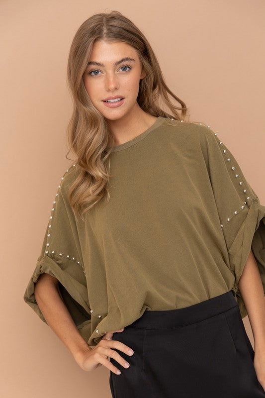 Blue B Studded Oversized High Low T Shirt us.meeeshop - 