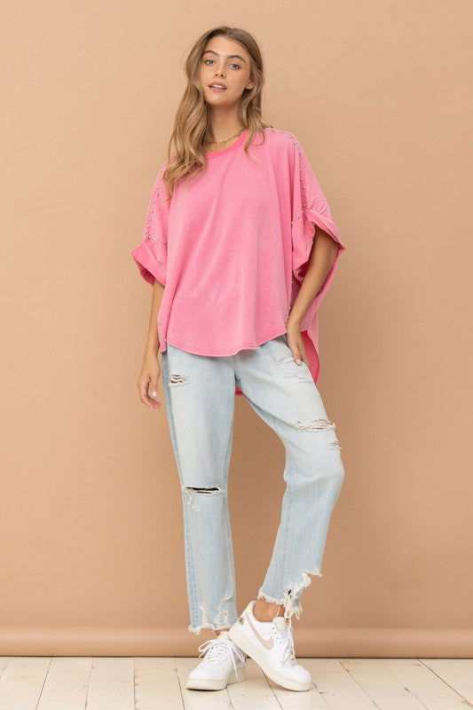 Blue B Studded Oversized High Low T Shirt - us.meeeshop